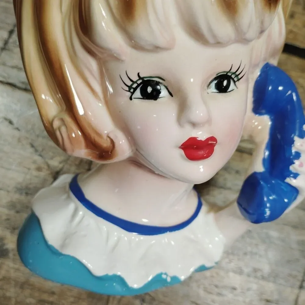 Vintage Lady Head Vase Teenager Inarco E-3548 Telephone Planter Retro Japan